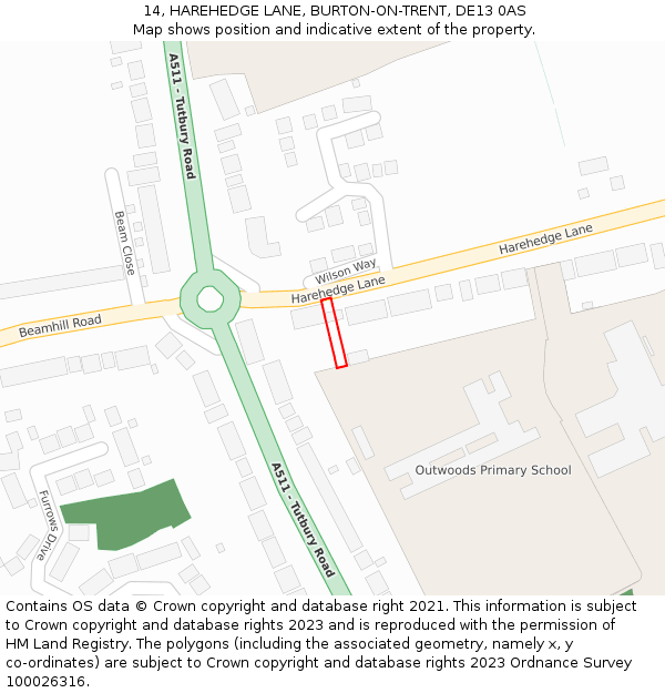14, HAREHEDGE LANE, BURTON-ON-TRENT, DE13 0AS: Location map and indicative extent of plot