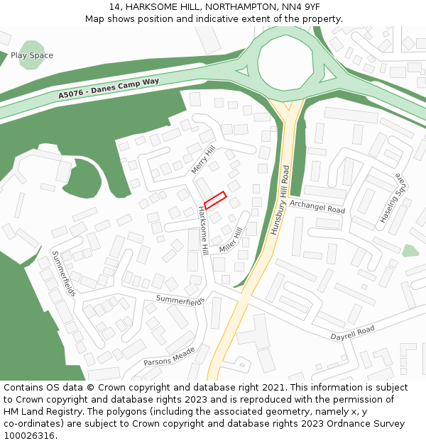 14, HARKSOME HILL, NORTHAMPTON, NN4 9YF: Location map and indicative extent of plot