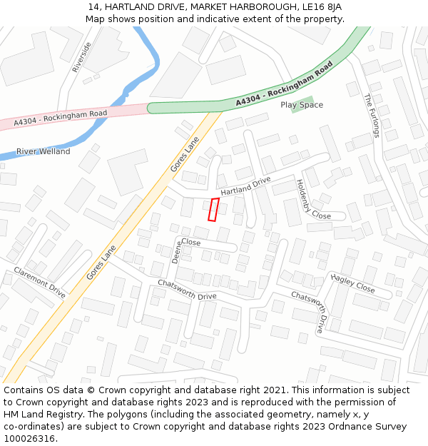 14, HARTLAND DRIVE, MARKET HARBOROUGH, LE16 8JA: Location map and indicative extent of plot