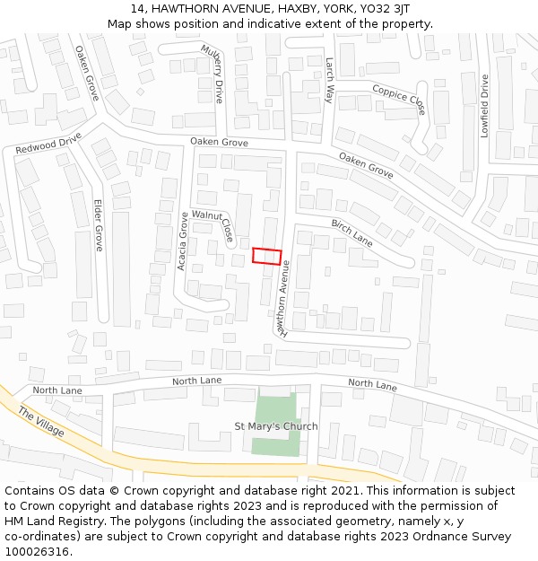 14, HAWTHORN AVENUE, HAXBY, YORK, YO32 3JT: Location map and indicative extent of plot