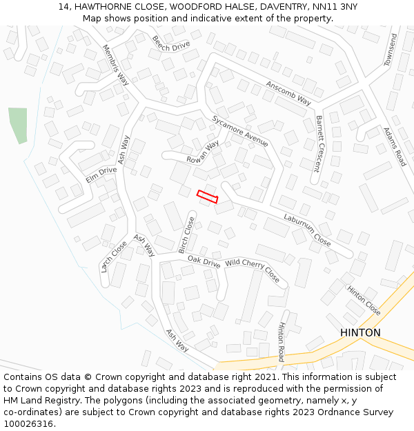 14, HAWTHORNE CLOSE, WOODFORD HALSE, DAVENTRY, NN11 3NY: Location map and indicative extent of plot