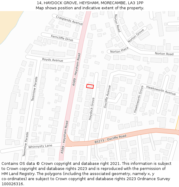 14, HAYDOCK GROVE, HEYSHAM, MORECAMBE, LA3 1PP: Location map and indicative extent of plot