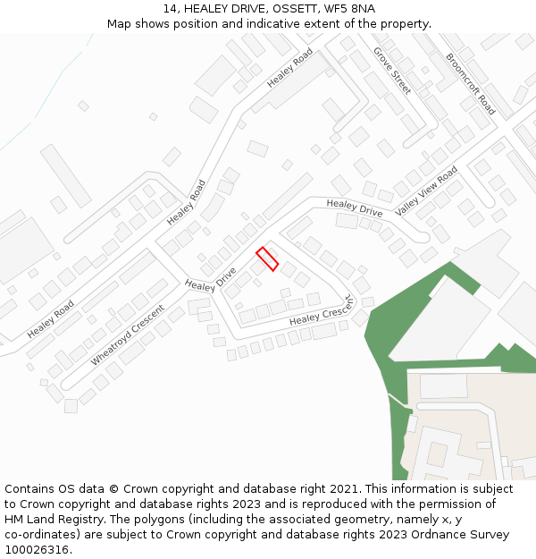 14, HEALEY DRIVE, OSSETT, WF5 8NA: Location map and indicative extent of plot