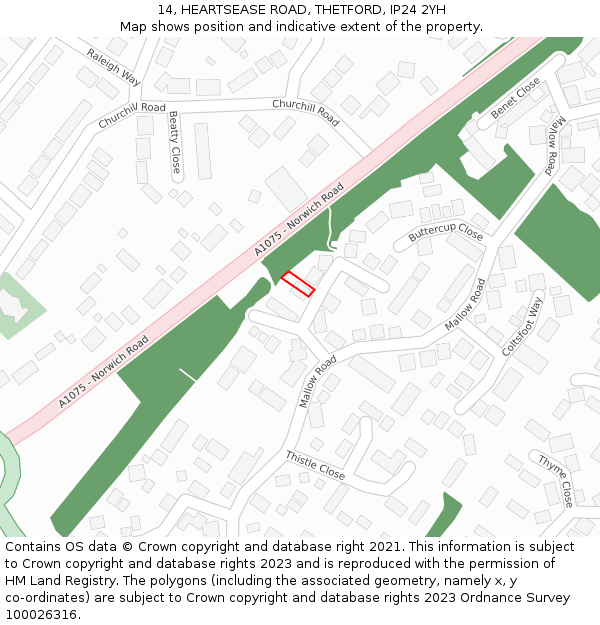 14, HEARTSEASE ROAD, THETFORD, IP24 2YH: Location map and indicative extent of plot