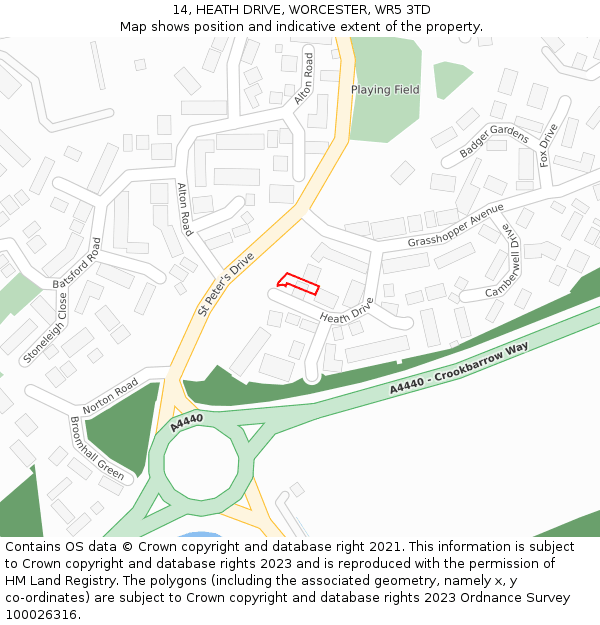 14, HEATH DRIVE, WORCESTER, WR5 3TD: Location map and indicative extent of plot