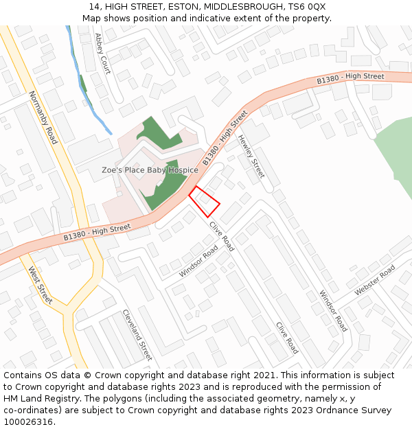 14, HIGH STREET, ESTON, MIDDLESBROUGH, TS6 0QX: Location map and indicative extent of plot