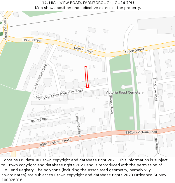 14, HIGH VIEW ROAD, FARNBOROUGH, GU14 7PU: Location map and indicative extent of plot