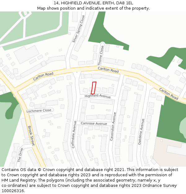 14, HIGHFIELD AVENUE, ERITH, DA8 1EL: Location map and indicative extent of plot