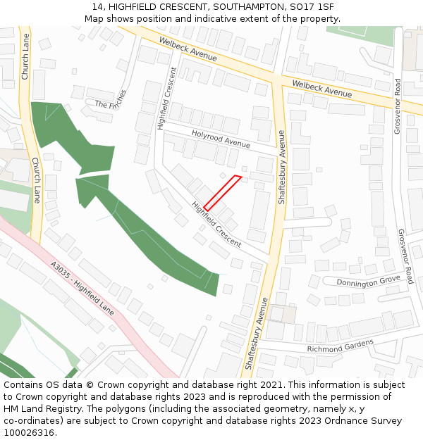 14, HIGHFIELD CRESCENT, SOUTHAMPTON, SO17 1SF: Location map and indicative extent of plot