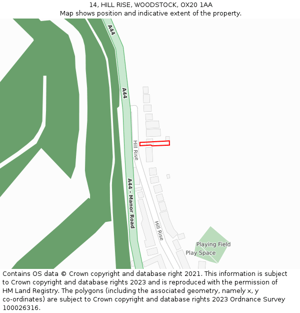 14, HILL RISE, WOODSTOCK, OX20 1AA: Location map and indicative extent of plot