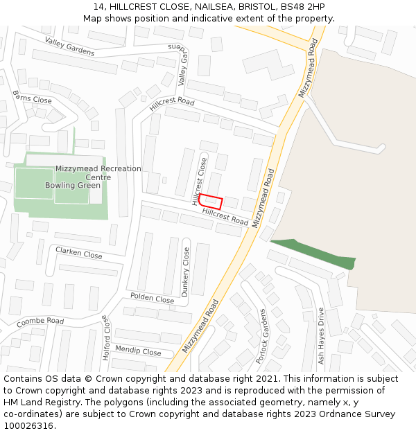 14, HILLCREST CLOSE, NAILSEA, BRISTOL, BS48 2HP: Location map and indicative extent of plot