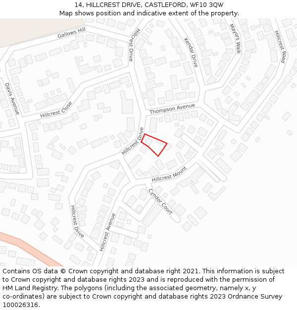 14, HILLCREST DRIVE, CASTLEFORD, WF10 3QW: Location map and indicative extent of plot