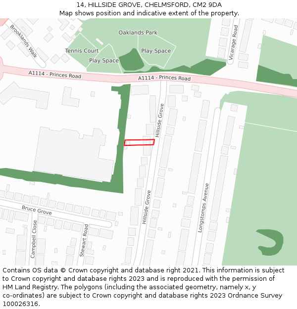 14, HILLSIDE GROVE, CHELMSFORD, CM2 9DA: Location map and indicative extent of plot