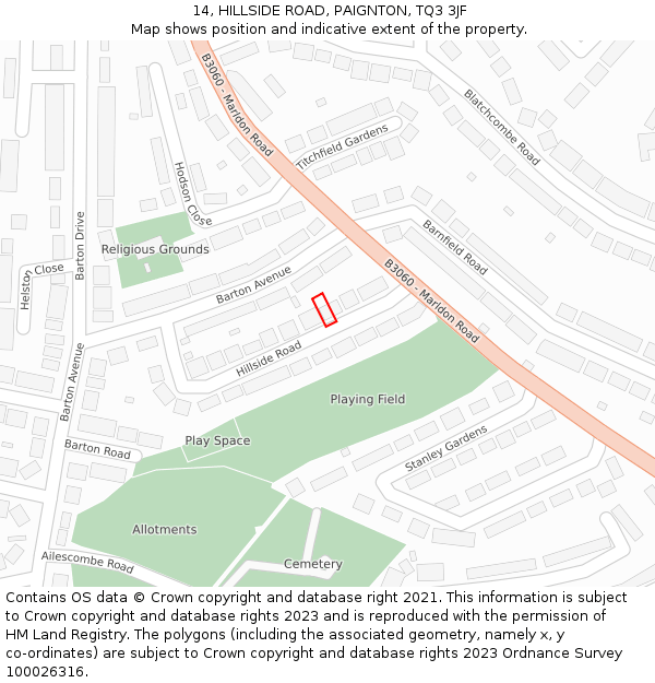 14, HILLSIDE ROAD, PAIGNTON, TQ3 3JF: Location map and indicative extent of plot