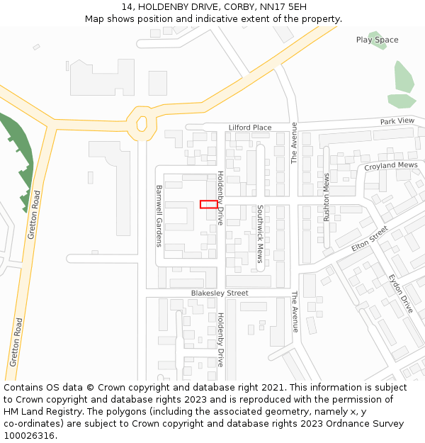 14, HOLDENBY DRIVE, CORBY, NN17 5EH: Location map and indicative extent of plot