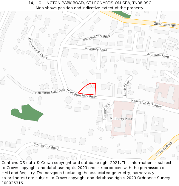 14, HOLLINGTON PARK ROAD, ST LEONARDS-ON-SEA, TN38 0SG: Location map and indicative extent of plot