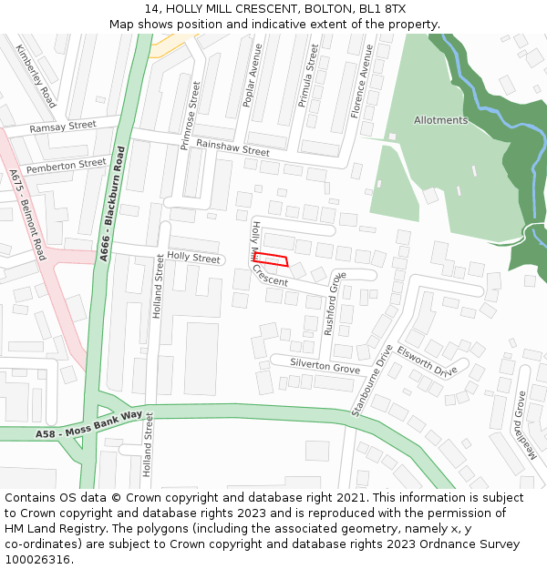 14, HOLLY MILL CRESCENT, BOLTON, BL1 8TX: Location map and indicative extent of plot