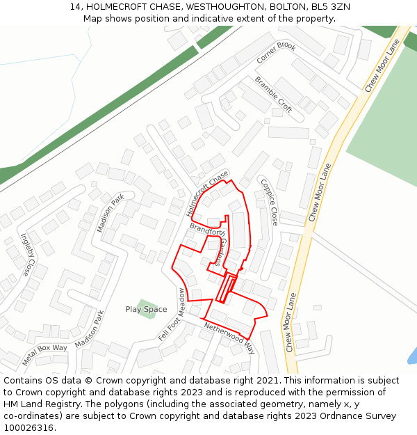 14, HOLMECROFT CHASE, WESTHOUGHTON, BOLTON, BL5 3ZN: Location map and indicative extent of plot