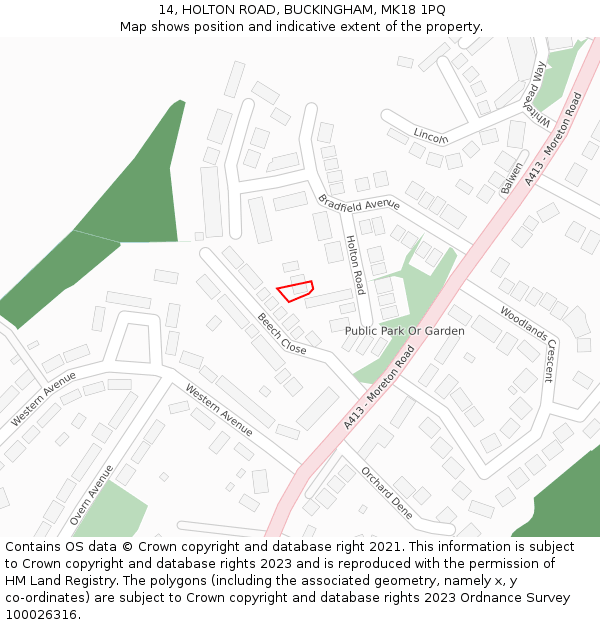 14, HOLTON ROAD, BUCKINGHAM, MK18 1PQ: Location map and indicative extent of plot