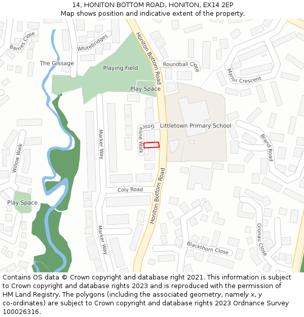 14, HONITON BOTTOM ROAD, HONITON, EX14 2EP: Location map and indicative extent of plot