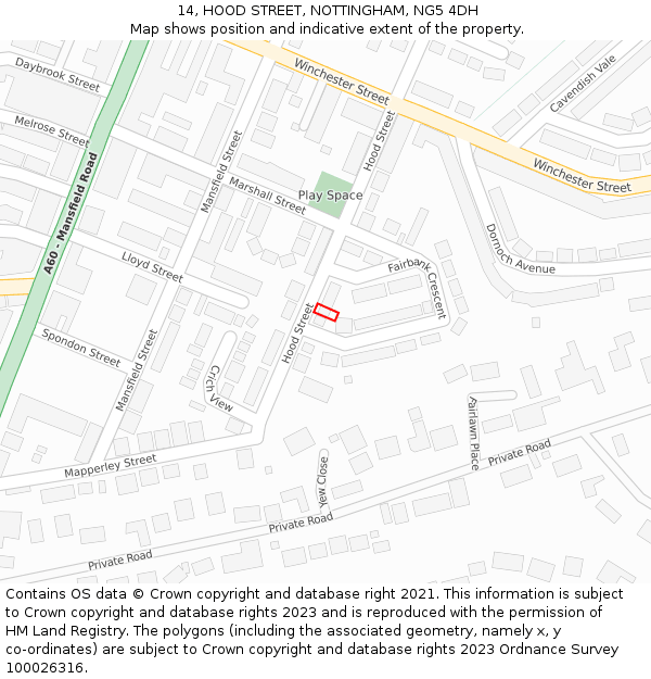 14, HOOD STREET, NOTTINGHAM, NG5 4DH: Location map and indicative extent of plot
