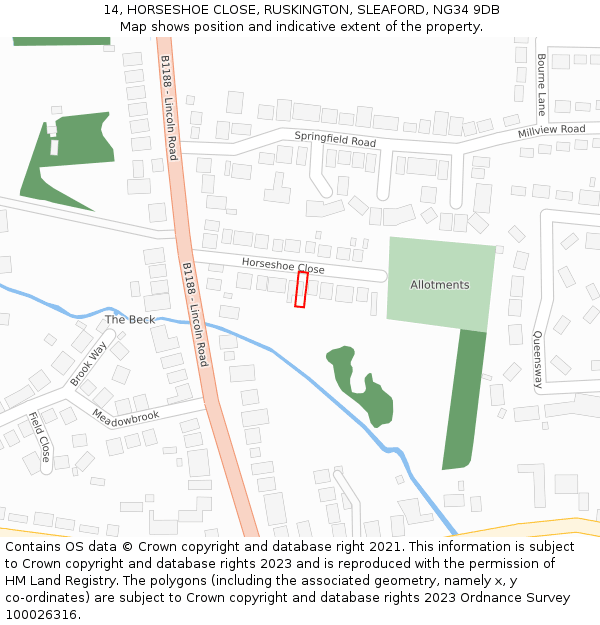 14, HORSESHOE CLOSE, RUSKINGTON, SLEAFORD, NG34 9DB: Location map and indicative extent of plot