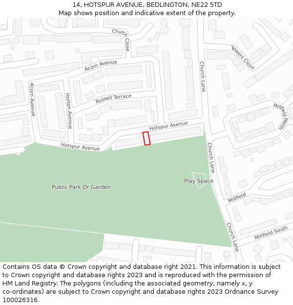 14, HOTSPUR AVENUE, BEDLINGTON, NE22 5TD: Location map and indicative extent of plot