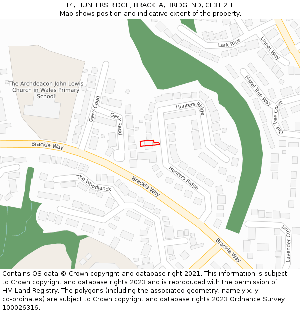 14, HUNTERS RIDGE, BRACKLA, BRIDGEND, CF31 2LH: Location map and indicative extent of plot