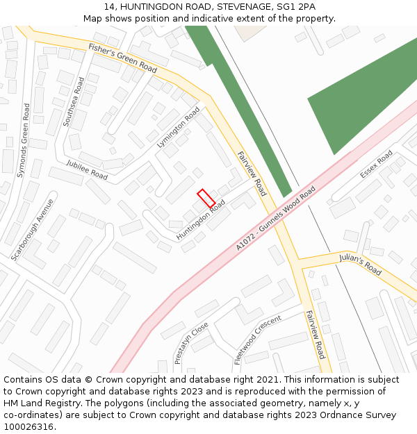 14, HUNTINGDON ROAD, STEVENAGE, SG1 2PA: Location map and indicative extent of plot