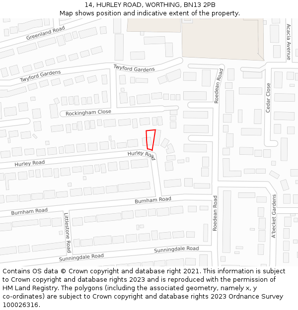 14, HURLEY ROAD, WORTHING, BN13 2PB: Location map and indicative extent of plot
