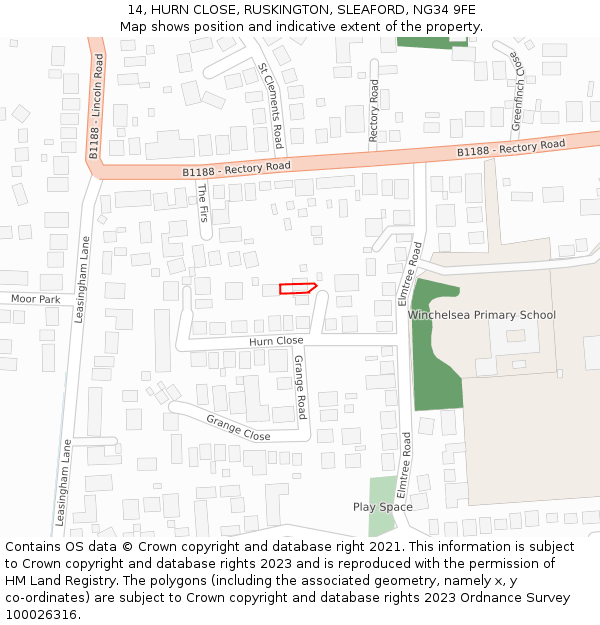 14, HURN CLOSE, RUSKINGTON, SLEAFORD, NG34 9FE: Location map and indicative extent of plot