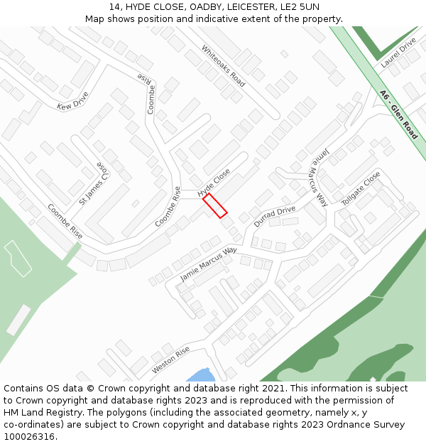 14, HYDE CLOSE, OADBY, LEICESTER, LE2 5UN: Location map and indicative extent of plot