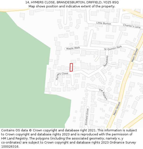 14, HYMERS CLOSE, BRANDESBURTON, DRIFFIELD, YO25 8SQ: Location map and indicative extent of plot