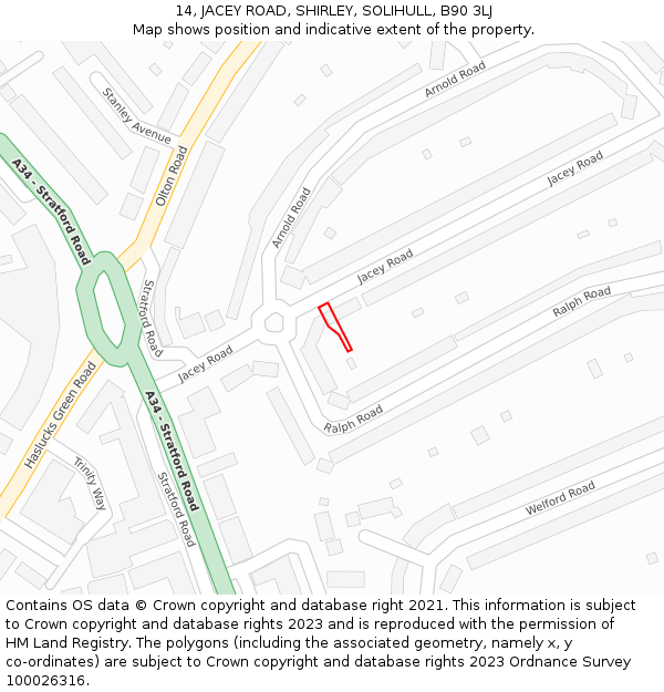 14, JACEY ROAD, SHIRLEY, SOLIHULL, B90 3LJ: Location map and indicative extent of plot