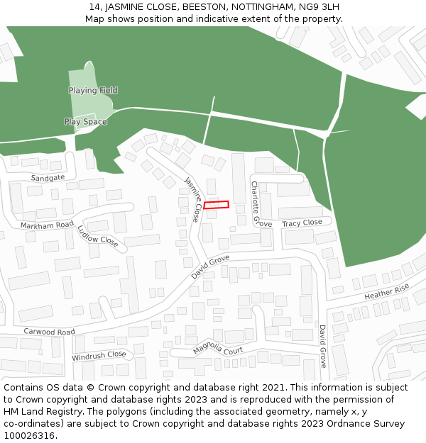 14, JASMINE CLOSE, BEESTON, NOTTINGHAM, NG9 3LH: Location map and indicative extent of plot