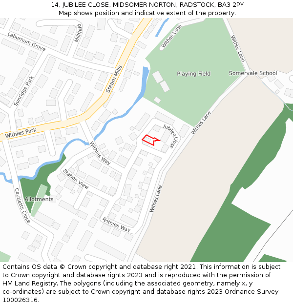 14, JUBILEE CLOSE, MIDSOMER NORTON, RADSTOCK, BA3 2PY: Location map and indicative extent of plot