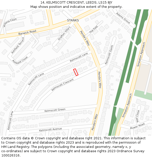 14, KELMSCOTT CRESCENT, LEEDS, LS15 8JY: Location map and indicative extent of plot