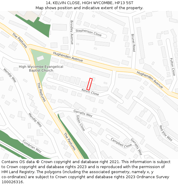 14, KELVIN CLOSE, HIGH WYCOMBE, HP13 5ST: Location map and indicative extent of plot