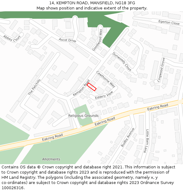 14, KEMPTON ROAD, MANSFIELD, NG18 3FG: Location map and indicative extent of plot