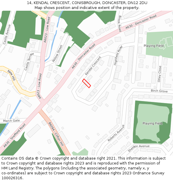 14, KENDAL CRESCENT, CONISBROUGH, DONCASTER, DN12 2DU: Location map and indicative extent of plot