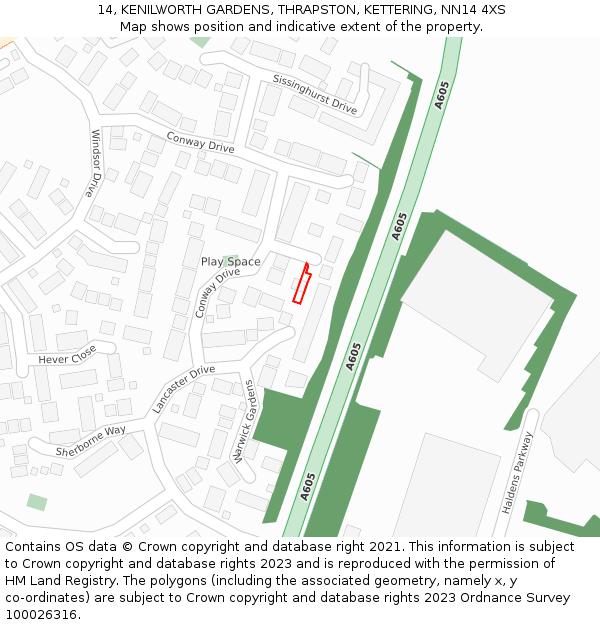 14, KENILWORTH GARDENS, THRAPSTON, KETTERING, NN14 4XS: Location map and indicative extent of plot
