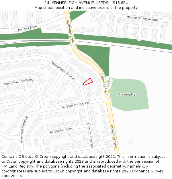 14, KENNERLEIGH AVENUE, LEEDS, LS15 8RU: Location map and indicative extent of plot