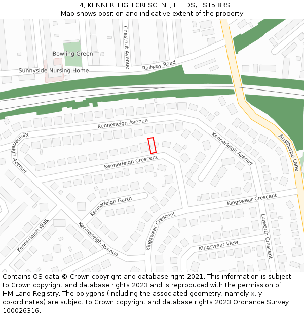 14, KENNERLEIGH CRESCENT, LEEDS, LS15 8RS: Location map and indicative extent of plot