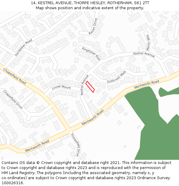 14, KESTREL AVENUE, THORPE HESLEY, ROTHERHAM, S61 2TT: Location map and indicative extent of plot
