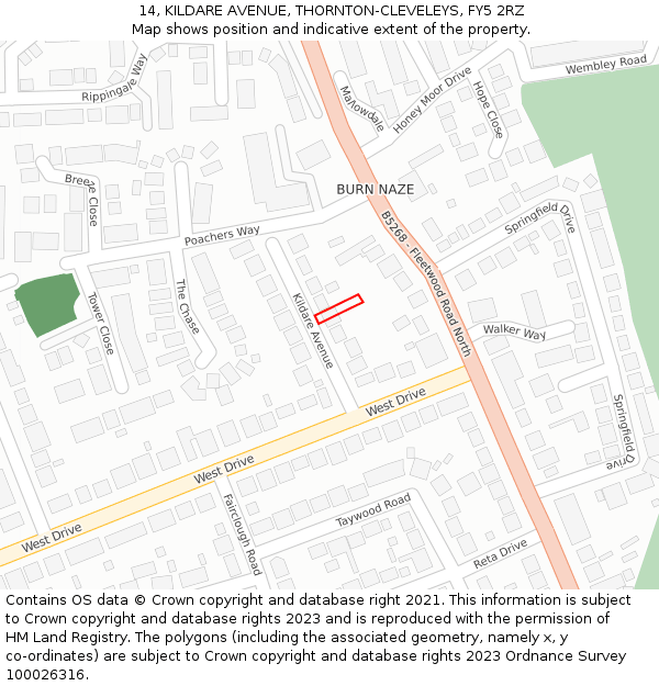 14, KILDARE AVENUE, THORNTON-CLEVELEYS, FY5 2RZ: Location map and indicative extent of plot