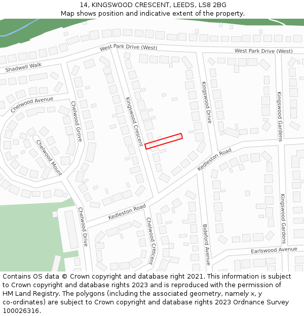 14, KINGSWOOD CRESCENT, LEEDS, LS8 2BG: Location map and indicative extent of plot