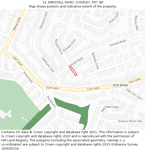 14, KIRKSTALL ROAD, CHORLEY, PR7 3JR: Location map and indicative extent of plot
