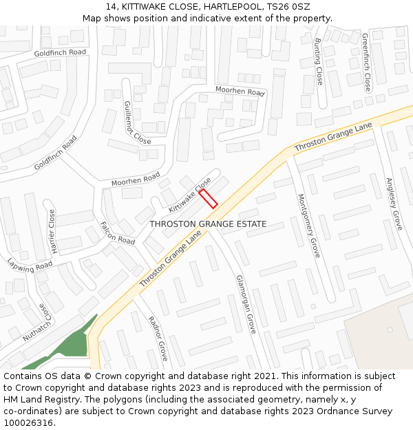 14, KITTIWAKE CLOSE, HARTLEPOOL, TS26 0SZ: Location map and indicative extent of plot