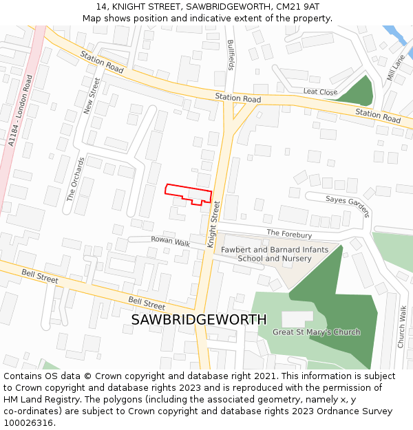 14, KNIGHT STREET, SAWBRIDGEWORTH, CM21 9AT: Location map and indicative extent of plot