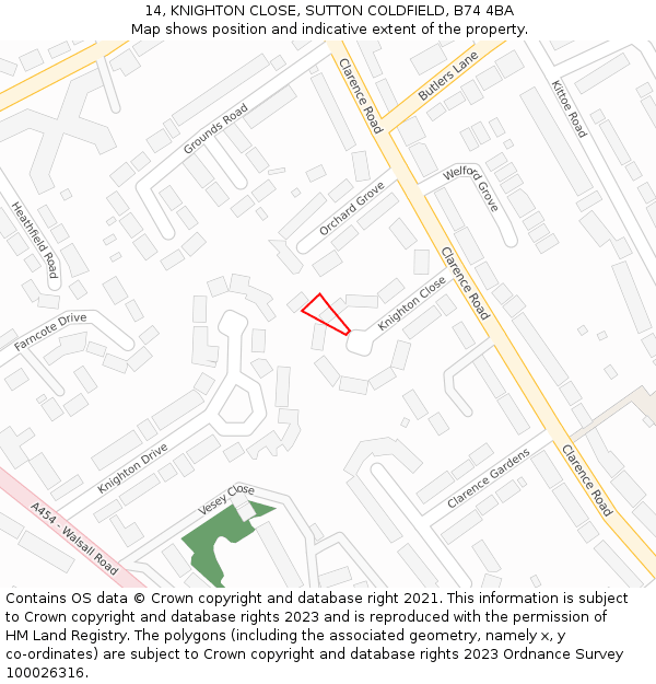 14, KNIGHTON CLOSE, SUTTON COLDFIELD, B74 4BA: Location map and indicative extent of plot